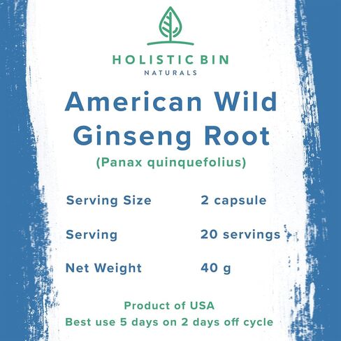 Holistic Bin Wild American Ginseng Capsules Pure Organic Ginseng Supplement Made with Wild Harvested 20+ Year Old Roots from Appalachia (Panax Quinquefolius) | No Fillers (40 Capsules) in Saudi Arabia