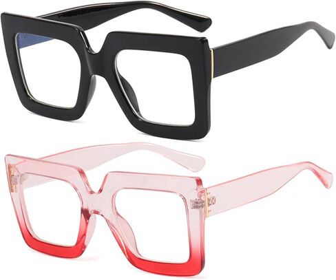 Onrtry Oversized Square Blue Light Glasses for Women Men Thick Frame Big Computer Eyewear Non-Prescription Eyeglasses(Bright Black) in Kuwait