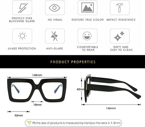 Onrtry Oversized Square Blue Light Glasses for Women Men Thick Frame Big Computer Eyewear Non-Prescription Eyeglasses(Bright Black) in Kuwait