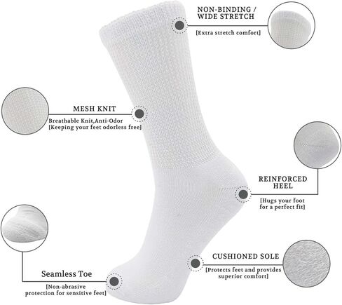 جوارب LIN PERFORMANCE لمرضى السكري والدورة الدموية غير ملزمة للرجال، 4 أزواج (13-15، أبيض) in Kuwait
