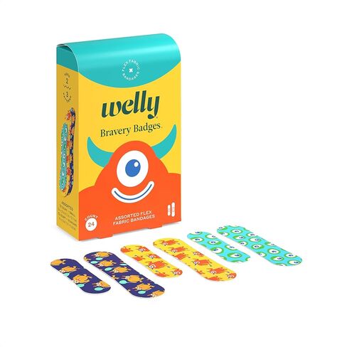 Welly Bandages Refill Pack - Bravery Badges, Adhesive Flexible Fabric, Standard Shapes, Monster Patterns - 24 Count, 4 Pack in Kuwait