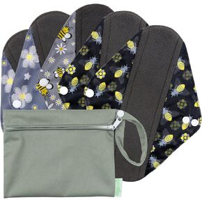 wegreeco Rayon Made from Bamboo Charcoal Reusable Menstrual Pads for Women - Reusable Sanitary Pads | Reusable Panty Liners | Soft Cloth Menstrual Pads - 5 Pack, 1 Cloth Wet Bag (Medium, Dynamic)
