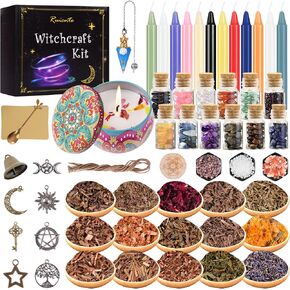 لوازم السحر Ruicnte، مجموعة تعويذة عشبة الساحرة، أعشاب مجففة للسحر، 84 قطعة من لوازم وأدوات الويكا مع الشمع المعطر، الكريستال، مجموعة أدوات الويكا للمبتدئين، لوازم مذابح نقطة البندول الوثنية in Kuwait