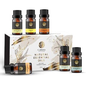 Florona USDA Organic Essential Oil Gift Set of 6-1 fl oz (10 ml x 6) Therapeutic Grade for Diffuser Aromatherapy- Lemongrass, Cinnamon, Sweet Orange, Peppermint, Eucalyptus in Kuwait