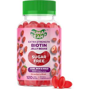 Human Beanz Sugar Free Biotin Jelly Bean Gummy Vitamins, 10,000mcg Extra Strength Biotin for Hair, Skin, and Nails, 120 Strawberry Blast Vitamins for Men and Women, Kosher in Kuwait