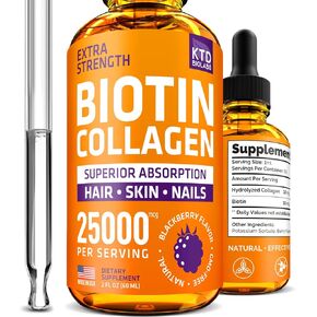 قطرات الكولاجين والبيوتين السائل من كي تي دي بيولابس لنمو الشعر 25000 ميكروجرام - صنع في الولايات المتحدة الأمريكية فيتامينات الكولاجين والبيوتين لبشرة الشعر والأظافر - مكمل الكولاجين والبيوتين المتحلل للنساء والرجال in Kuwait