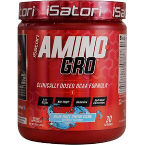 مسحوق iSatori Amino-GRO BCAA - تركيبة من الأحماض الأمينية ذات السلسلة المتفرعة مع الجلوتامين والببتيدات الحيوية النشطة Bio-GRO - الطاقة الأمينية الأساسية للنساء والرجال - مخروط الثلج الأزرق راز (30 وجبة) in Kuwait