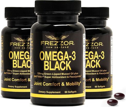 FREZZOR Omega 3 Black for Joint Care & Comfort - New Zealand Green Lipped Mussel Oil Capsules; 53x Higher Potency with UAF1000+ Super Antioxidant, No Fishy Aftertaste, 60 Count (Pack of 2) in Saudi Arabia