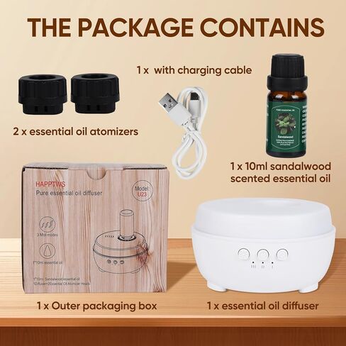 موزع روائح الزيوت العطرية بدون ماء من HAPPTWS - وضع رذاذ ثلاثي السرعات، مصابيح LED بـ 7 ألوان، تصميم قابل لإعادة الشحن، متوافق مع أنواع مختلفة من الزيوت العطرية - مناسب لغرف النوم وغرف المعيشة in Kuwait