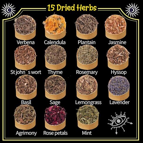 لوازم السحر Ruicnte، مجموعة تعويذة عشبة الساحرة، أعشاب مجففة للسحر، 84 قطعة من لوازم وأدوات الويكا مع الشمع المعطر، الكريستال، مجموعة أدوات الويكا للمبتدئين، لوازم مذابح نقطة البندول الوثنية in Kuwait