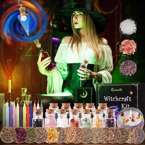 لوازم السحر Ruicnte، مجموعة تعويذة عشبة الساحرة، أعشاب مجففة للسحر، 84 قطعة من لوازم وأدوات الويكا مع الشمع المعطر، الكريستال، مجموعة أدوات الويكا للمبتدئين، لوازم مذابح نقطة البندول الوثنية in Kuwait