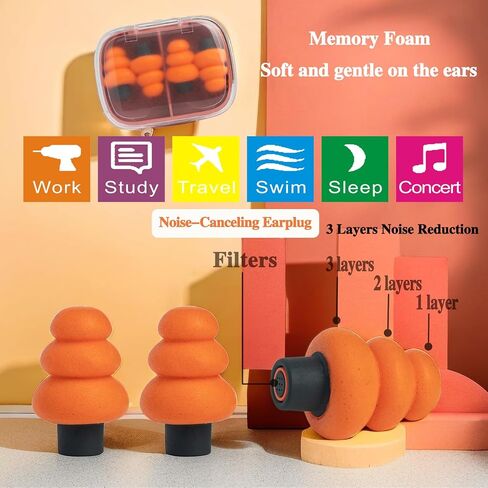 سدادات أذن من إسفنج الذاكرة الناعم من WUTAIN - سدادات أذن لتقليل الضوضاء 28 ديسيبل - سدادات أذن لإلغاء الضوضاء مثالية للنوم والحفلات الموسيقية والسفر الجوي وركوب الدراجات النارية وسدادات أذن هادئة للمساعدة في النوم - سماعات أذن مضادة للشخير (برتقالي) in Kuwait