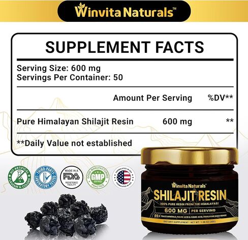 600 ملغ من راتنج شيلاجيت عضوي من الهيمالايا النقي - درجة ذهبية 100% شيلاجيت نقي مع حمض الفولفيك و85+ من المعادن النزرة لتعزيز الطاقة والتركيز والتمثيل الغذائي ودعم المناعة، 30 جرامًا in Kuwait