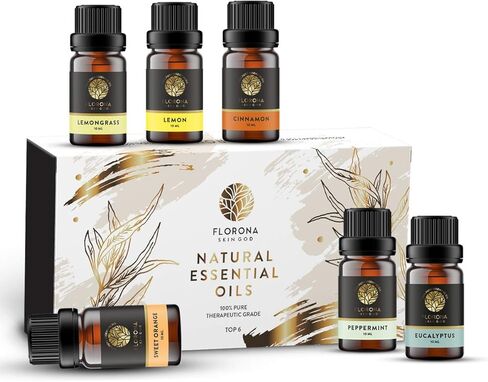 Florona USDA Organic Essential Oil Gift Set of 6-1 fl oz (10 ml x 6) Therapeutic Grade for Diffuser Aromatherapy- Lemongrass, Cinnamon, Sweet Orange, Peppermint, Eucalyptus in Kuwait