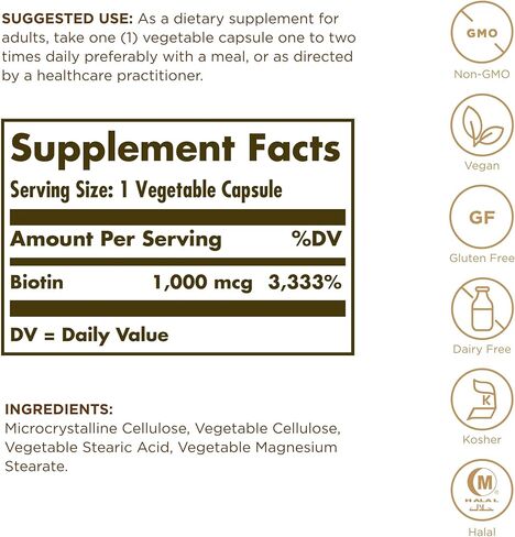 Solgar Biotin 1000 mcg - 250 كبسولة نباتية - يدعم صحة البشرة والأظافر والشعر - غير معدل وراثيًا، نباتي، خالي من الغلوتين، خالي من منتجات الألبان، كوشير، حلال - 250 وجبة in Saudi Arabia