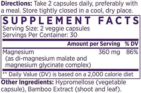 NAOMI Mighty Mg Magnesium Glycinate & Malate Complex 360 مجم، تركيبة عالية الامتصاص، المغنيسيوم العنصري يدعم صحة القلب، عظام قوية، نوم أفضل، خالي من الغلوتين، غير معدل وراثيًا، نباتي، 60 كبسولة نباتية in Kuwait