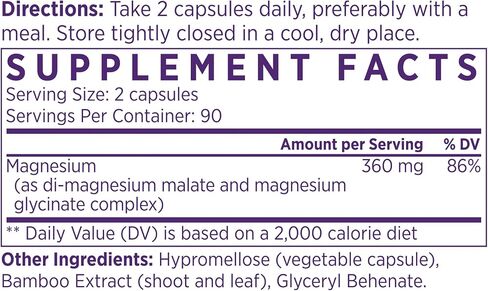 NAOMI Mighty Mg Magnesium Glycinate & Malate Complex 360 مجم، تركيبة عالية الامتصاص، المغنيسيوم العنصري يدعم صحة القلب، عظام قوية، نوم أفضل، خالي من الغلوتين، غير معدل وراثيًا، نباتي، 60 كبسولة نباتية in Kuwait