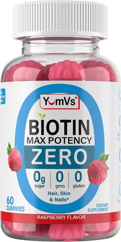 Yum-Vs - علكات البيوتين ذات الفعالية القصوى 10.000 ميكروغرام من فيتامينات البيوتين الخالية من السكر للشعر والبشرة والأظافر - علكة بيوتين B7 لنمو الشعر للنساء والرجال - علكة خالية من السكر بنكهة التوت والشعر والأظافر (60) in Kuwait
