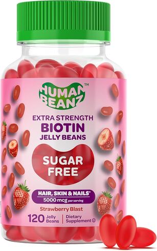 Human Beanz Sugar Free Biotin Jelly Bean Gummy Vitamins, 10,000mcg Extra Strength Biotin for Hair, Skin, and Nails, 120 Strawberry Blast Vitamins for Men and Women, Kosher in Kuwait