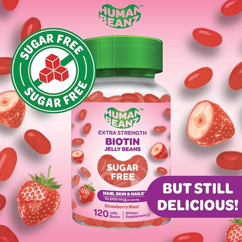 Human Beanz Sugar Free Biotin Jelly Bean Gummy Vitamins, 10,000mcg Extra Strength Biotin for Hair, Skin, and Nails, 120 Strawberry Blast Vitamins for Men and Women, Kosher in Kuwait