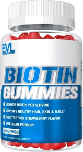 صمغ البيوتين النباتي لنمو الشعر - EVL Biotin 5000mcg فيتامينات صمغية للشعر الجميل والأظافر للبالغين - صمغ البيوتين القائم على البكتين لنمو الشعر من أجل قوة الطول والسمك in Kuwait