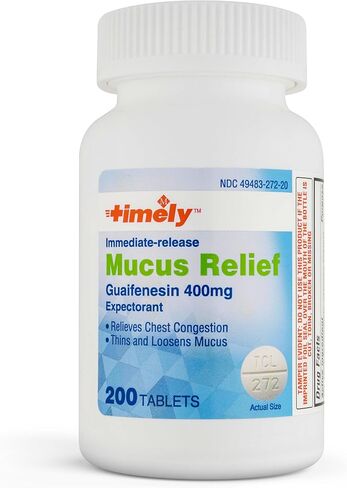 في الوقت المناسب تخفيف المخاط Guaifenesin 400 ملغ 200 قرص - مقارنة بأقراص Mucinex - إطلاق فوري لتخفيف البلغم المخاط - مقشع لإزالة المخاط، واحتقان الصدر، والأنفلونزا، ونزلات البرد، والحساسية in Kuwait