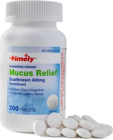 في الوقت المناسب تخفيف المخاط Guaifenesin 400 ملغ 200 قرص - مقارنة بأقراص Mucinex - إطلاق فوري لتخفيف البلغم المخاط - مقشع لإزالة المخاط، واحتقان الصدر، والأنفلونزا، ونزلات البرد، والحساسية in Kuwait