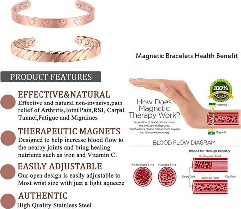 سوار نحاسي مغناطيسي من MagEnergy للنساء هدية للأم مقاس 6.5-6.8 بوصة قابل للتعديل-قطعتان (ذهبي ووردي) in Kuwait