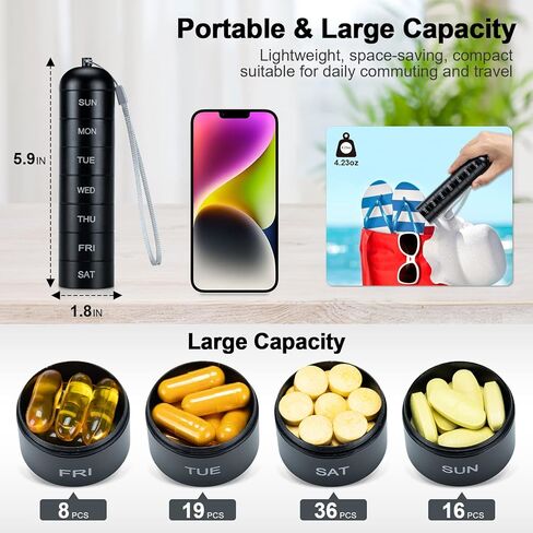 Metal Pill Organizer Weekly - Betife Stackable Waterproof Travel Pill Box, Portable Aluminum Alloy 7 Day Pill Case, Moisture Proof BPA Free Pill container to Hold Medicine, Vitamins, Supplements in Kuwait