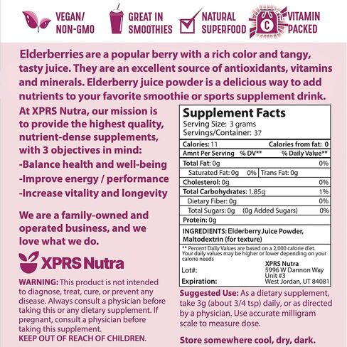 XPRS Nutra Elderberry Juice Powder - Elderberry Powder Organic Fruit Juice Mix - Powdered Elderberries Supplement Rich in Vitamins A and C (16 oz) in Saudi Arabia