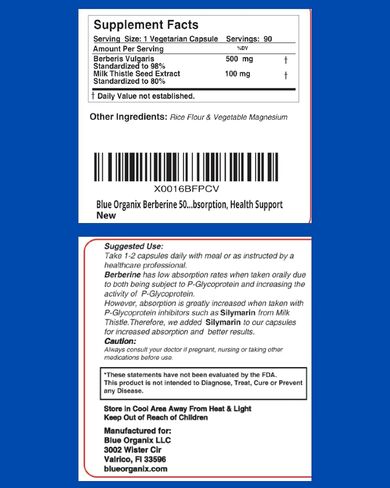 Blue Organix Berberine 500mg Formula HCL Complex Supplement with Silymarin for Better Absorption, 90 Vegetarian Capsules, 1 Bottle, Overall Health Support in Saudi Arabia