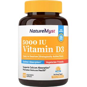 NatureMyst Vitamin D3, 5000 IU, High Potency, Vegetarian Friendly, Highly Absorbable, Bone, Muscle & Immune Health, 90 Softgels in Kuwait