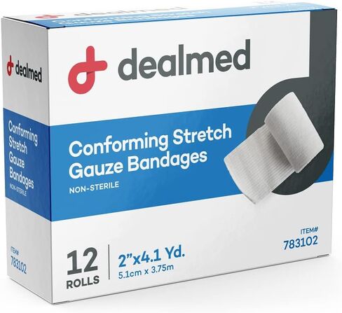 Dealmed 2" Non-Sterile Conforming Stretch Gauze Bandages, 4.1 Yards Latex Free Stretched Dressing Wrap, Medical Non-Adherent Wound Care Mesh Bandages (Box of 12 Rolls) in Saudi Arabia
