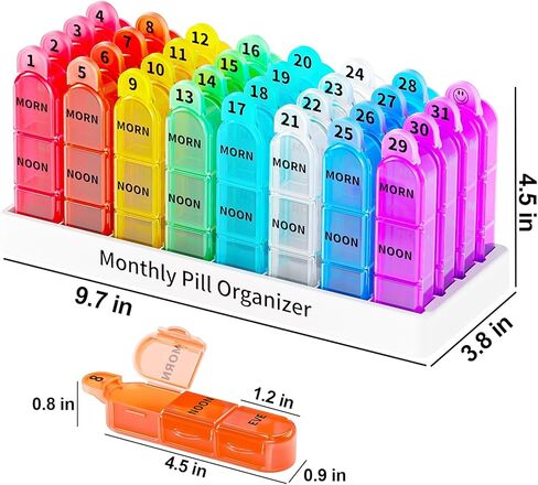 Betife 30 Day Pill Organizer Monthly, Portable One Month Pill Box Cases with 32 Three a Day Morn-Noon-Eve Easy to Open Large Compartments Pill case for Vitamins, Fish Oil, Supplements and Medications in Kuwait