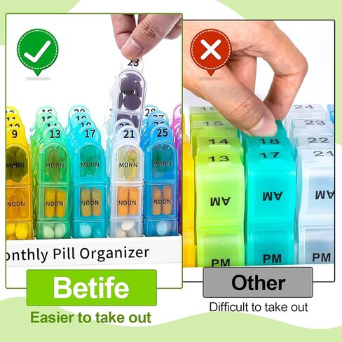 Betife 30 Day Pill Organizer Monthly, Portable One Month Pill Box Cases with 32 Three a Day Morn-Noon-Eve Easy to Open Large Compartments Pill case for Vitamins, Fish Oil, Supplements and Medications in Kuwait