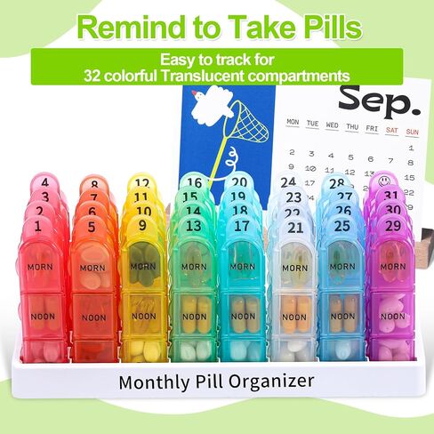 Betife 30 Day Pill Organizer Monthly, Portable One Month Pill Box Cases with 32 Three a Day Morn-Noon-Eve Easy to Open Large Compartments Pill case for Vitamins, Fish Oil, Supplements and Medications in Kuwait