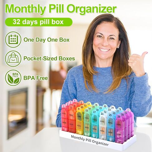 Betife 30 Day Pill Organizer Monthly, Portable One Month Pill Box Cases with 32 Three a Day Morn-Noon-Eve Easy to Open Large Compartments Pill case for Vitamins, Fish Oil, Supplements and Medications in Kuwait