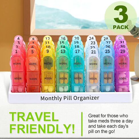 Betife 30 Day Pill Organizer Monthly, Portable One Month Pill Box Cases with 32 Three a Day Morn-Noon-Eve Easy to Open Large Compartments Pill case for Vitamins, Fish Oil, Supplements and Medications in Kuwait