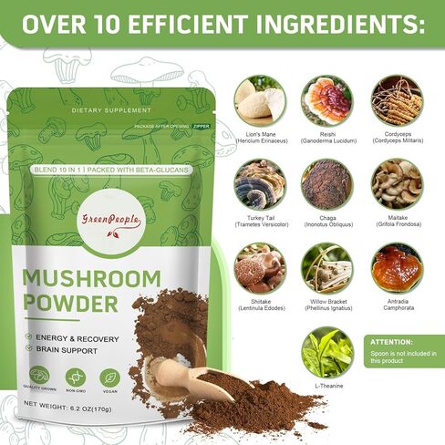 مزيج مسحوق الفطر للقهوة والعصائر، مكمل الفطر للوظيفة الإدراكية ودعم المناعة - عرف الأسد، الريشي، كورديسيبس، تشاجا، ذيل الديك الرومي، مايتاكي، مركب، 60 وجبة in Kuwait