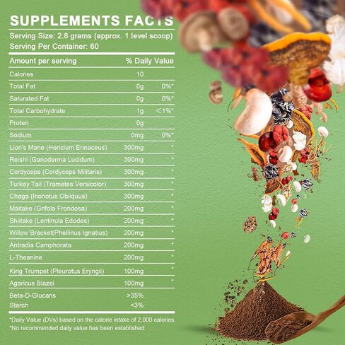 مزيج مسحوق الفطر للقهوة والعصائر، مكمل الفطر للوظيفة الإدراكية ودعم المناعة - عرف الأسد، الريشي، كورديسيبس، تشاجا، ذيل الديك الرومي، مايتاكي، مركب، 60 وجبة in Kuwait