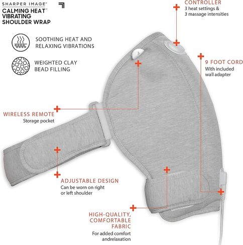 لف كتف حراري مهدئ من Sharper Image - وسادة تسخين كهربائية للكتف مع اهتزازات وحرارة مهدئة، دعامة كتف يسار أو يمين، 3 حرارة، 3 إعدادات اهتزاز - 9 مجموعات مريحة in Kuwait