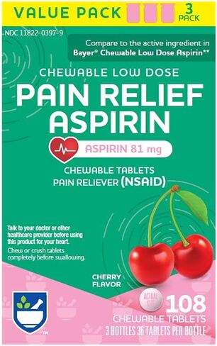Rite Aid Low Dose 81 mg Aspirin, Chewable Tablets, Orange Flavor, 3 Bottles, 36 Count Each (108 Count Total) Pain Reliever | Chewable Aspirin Regimen | Headache Relief Pills | Aspirin 81mg for Adults in Saudi Arabia