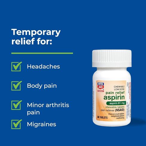 Rite Aid Low Dose 81 mg Aspirin, Chewable Tablets, Orange Flavor, 3 Bottles, 36 Count Each (108 Count Total) Pain Reliever | Chewable Aspirin Regimen | Headache Relief Pills | Aspirin 81mg for Adults in Saudi Arabia