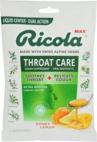 Ricola Throat Care Honey Lemon Cough Drops, Liquid Center, Dual Action, 34 Lozenges (Pack of 3) in Saudi Arabia