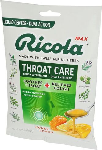 Ricola Throat Care Honey Lemon Cough Drops, Liquid Center, Dual Action, 34 Lozenges (Pack of 3) in Saudi Arabia