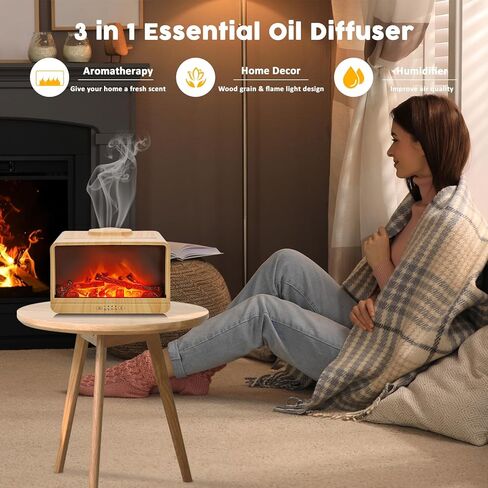 Essential Oil Diffuser, 300ml Flame Fireplace Aromatherapy Oil Diffuser for Large Room, Ultrasonic Cool Mist Humidifier with 2 Mist Modes, 2 Timer, 3 Light Modes, Auto Shut-Off for Home Office Gift in Kuwait
