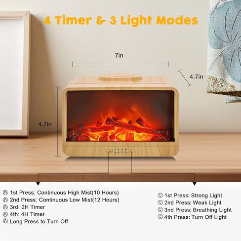 Essential Oil Diffuser, 300ml Flame Fireplace Aromatherapy Oil Diffuser for Large Room, Ultrasonic Cool Mist Humidifier with 2 Mist Modes, 2 Timer, 3 Light Modes, Auto Shut-Off for Home Office Gift in Kuwait