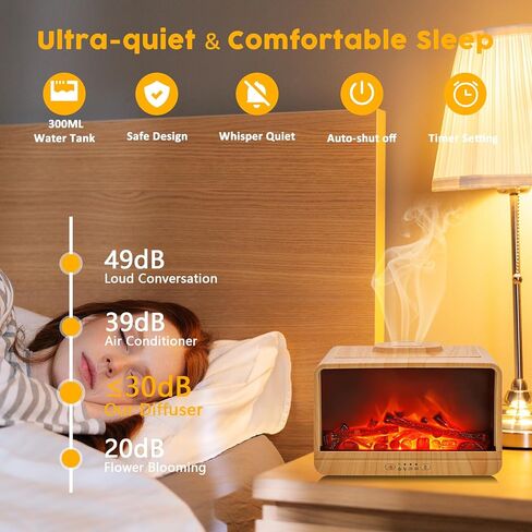 Essential Oil Diffuser, 300ml Flame Fireplace Aromatherapy Oil Diffuser for Large Room, Ultrasonic Cool Mist Humidifier with 2 Mist Modes, 2 Timer, 3 Light Modes, Auto Shut-Off for Home Office Gift in Kuwait