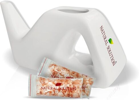 Natural Solution Ceramic Neti Pot, Congestion Relief Filled with 100% Natural Pink Himalayan Salt, Refillable for Breathing Difficulties & Allergy Relief in Kuwait