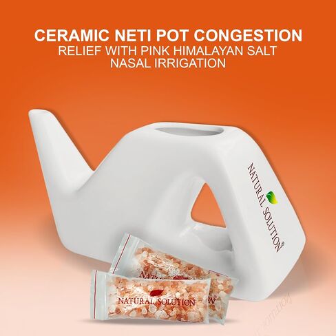 Natural Solution Ceramic Neti Pot, Congestion Relief Filled with 100% Natural Pink Himalayan Salt, Refillable for Breathing Difficulties & Allergy Relief in Kuwait